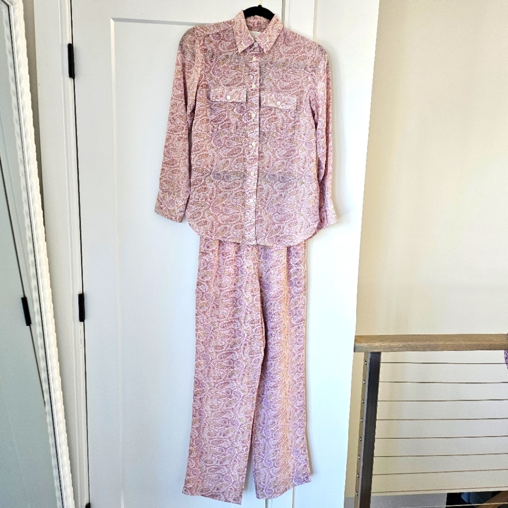 J. Crew Classic-fit silk shirt in beach paisley and  Pull-on pant, size 00